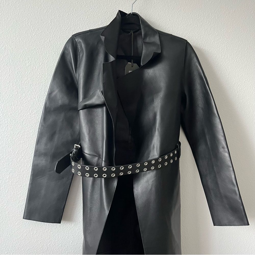 All Saints Farren Leather Belted Long Black Trench Coat Goth Grunge Moto 6 NEW - Picture 8 of 16